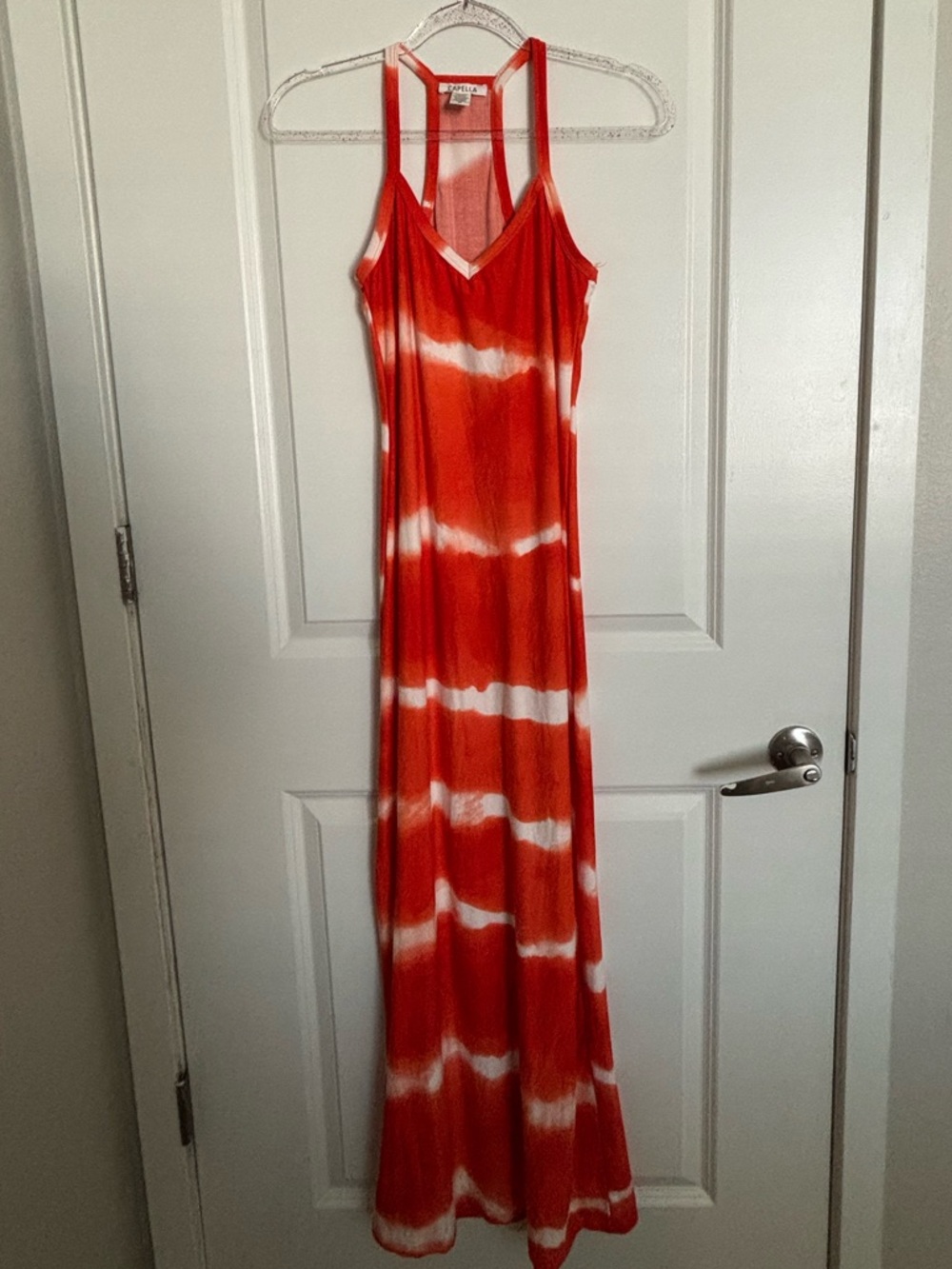 Sleeveless Orange Tie-Dye Maxi Dress with V-Neck